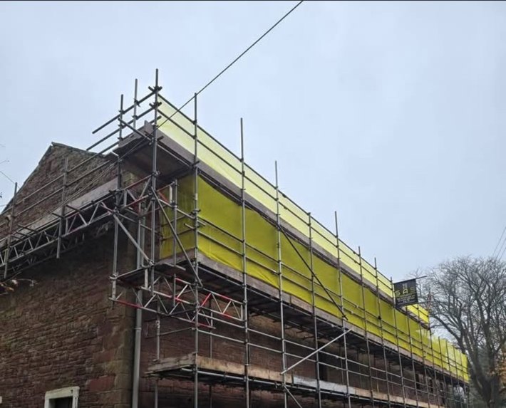 Sheeted scaffold access on a large refurbishment project in Cumbria
